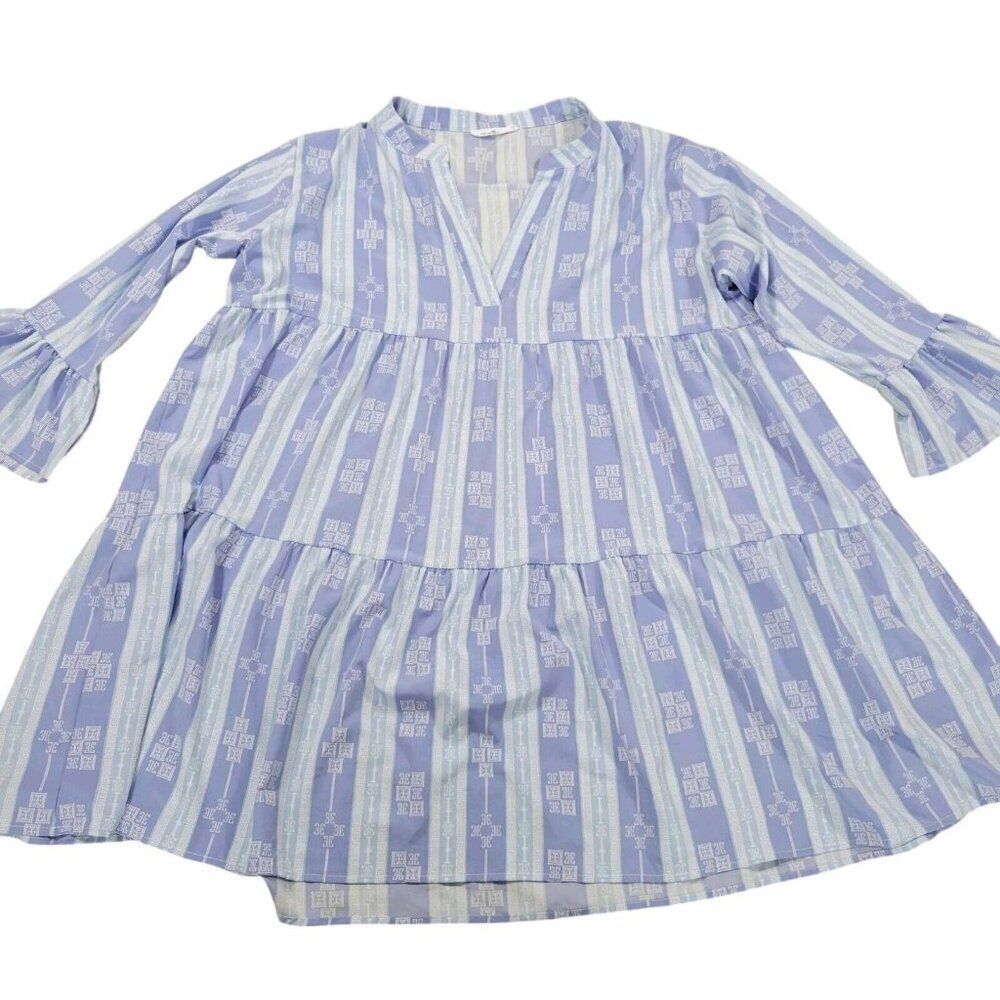 Michelle McDowell Dress Womens 2X Blue Geometric V Neck Pleat Bell Sleeve